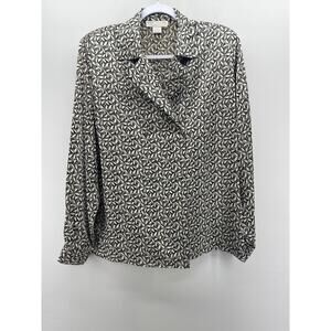 Vintage 90s Doncaster Black Beige Floral Leaf Print Double Breasted‎ Silk Blouse